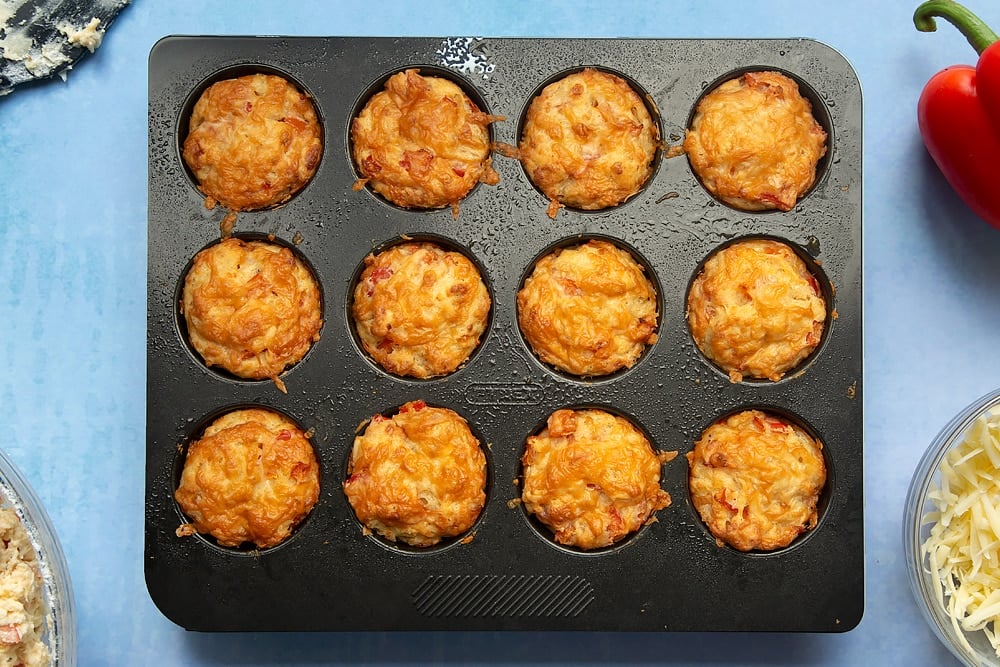 The cheese and red pepper muffins having been baked in the oven. 