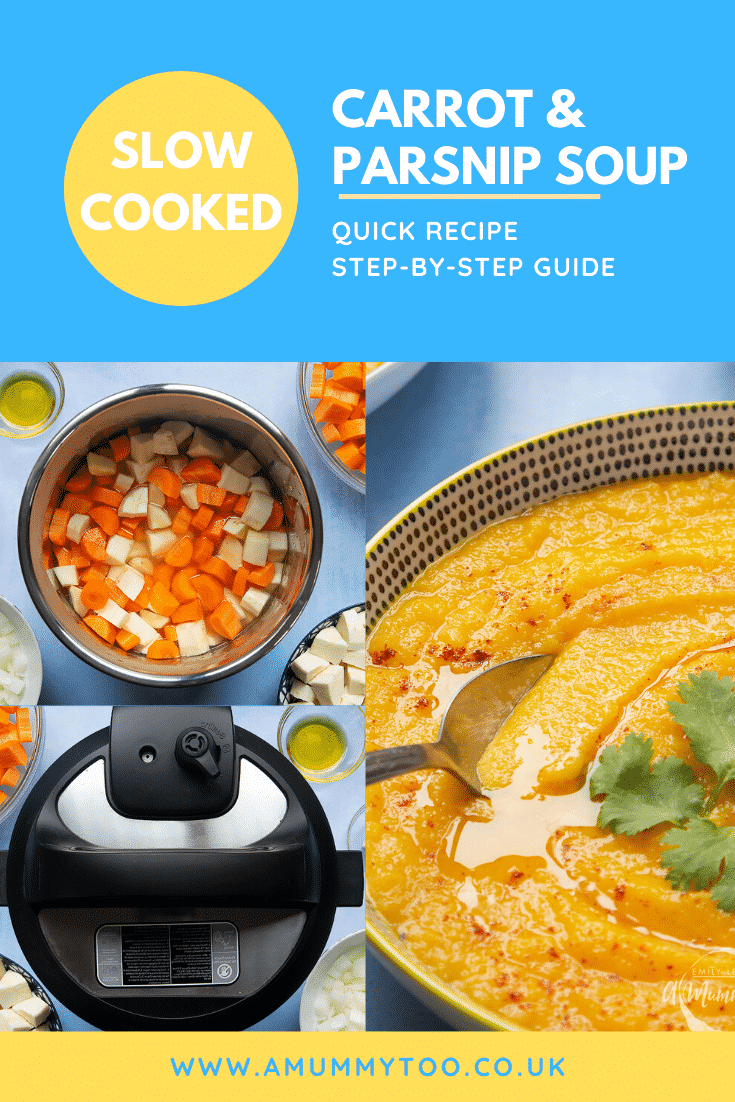 The image is split into three smaller images. One shows a close up of the carrot and parsnip soup finished in a decorative bowl, another shows the slow cooker and the slow cooker lid, and another shows the pan of ingredients required to make carrot and parsnip soup.