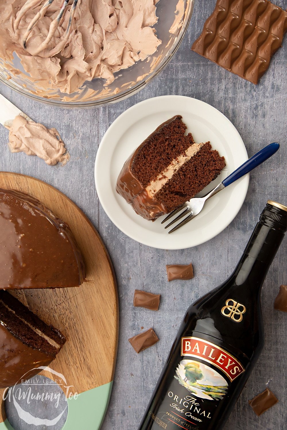 One slice of  galaxy chocolate cake with Baileys.
