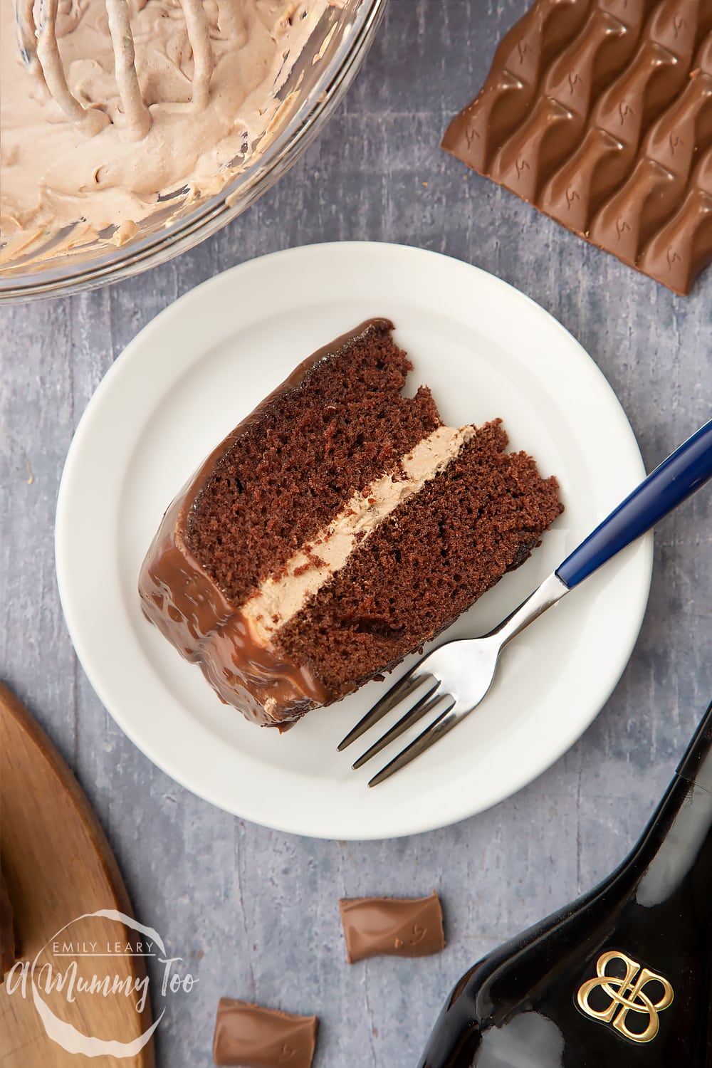 Overhead shot of the galaxy chocolate cake with Bailey's