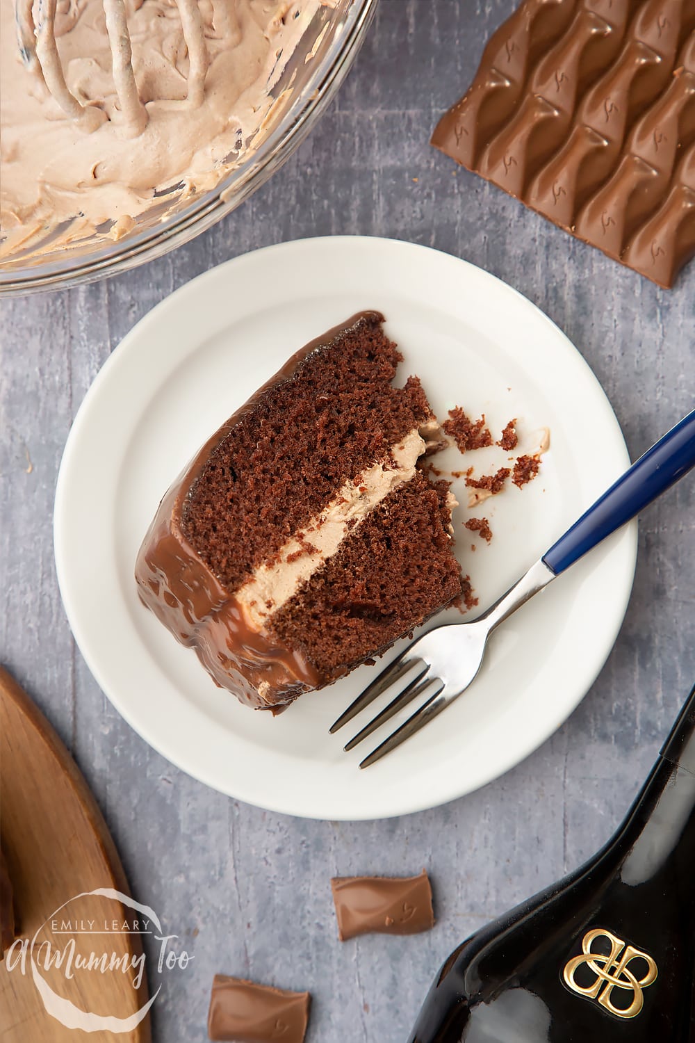 A slice of galaxy chocolate cake with ganche and Baileys. 