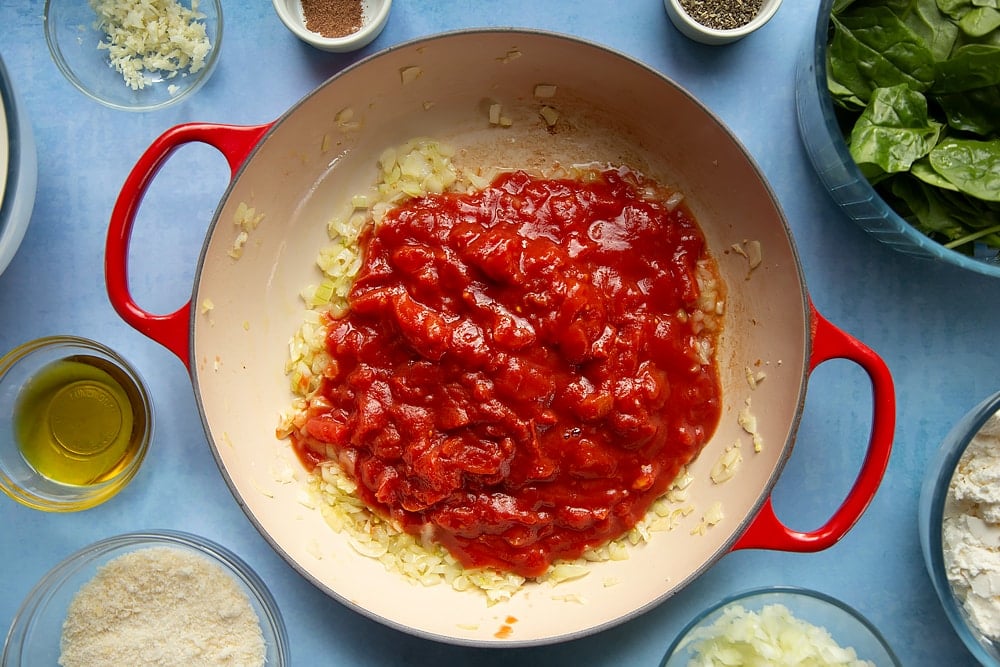 Overhead shot of chopped tomatoes and garlic in a red pan