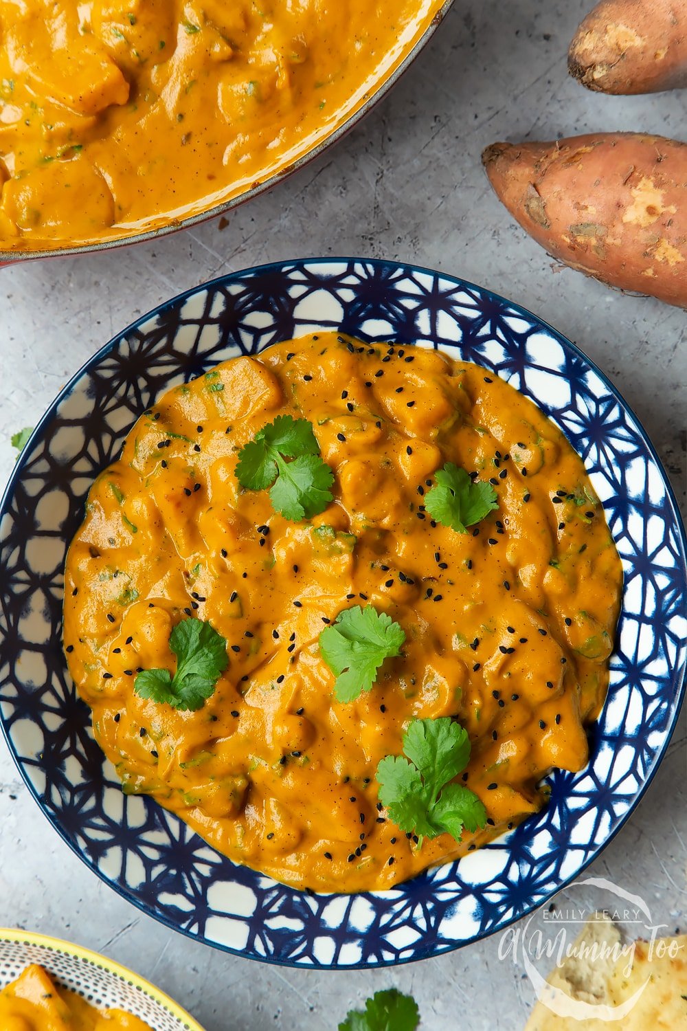 A finished bowl of butternut squash and chickpea curry topped with coriander. 