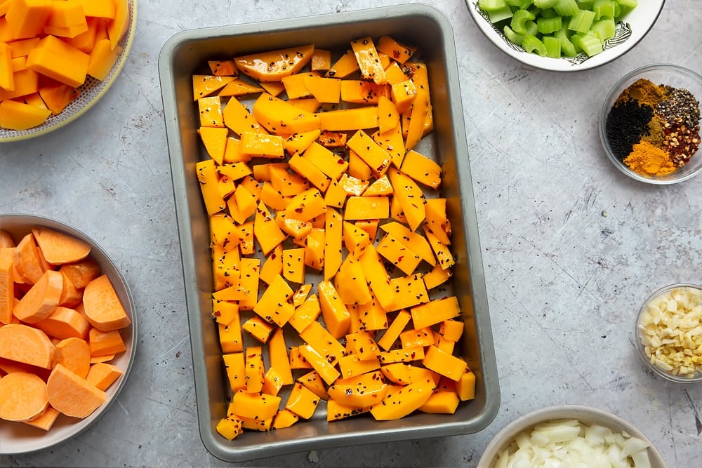 Mixing the butternut squash for the butternut squash and chickpea curry.