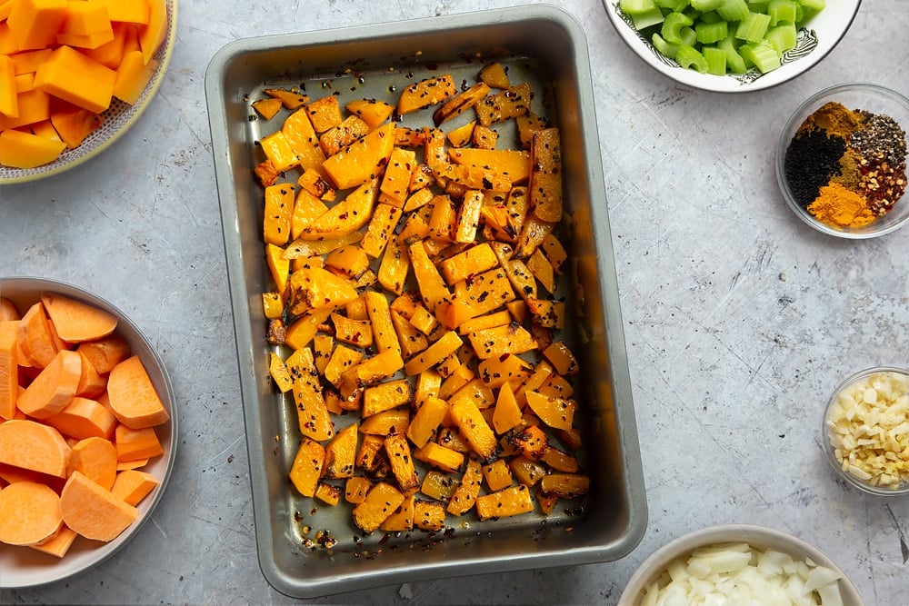 The roasted butternut squash for the butternut squash and chickpea curry.