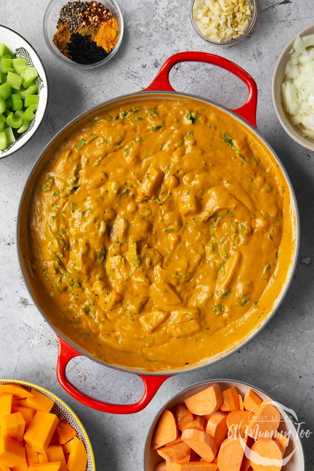 The completed butternut squash and chickpea curry in the pan, waiting to be served. 