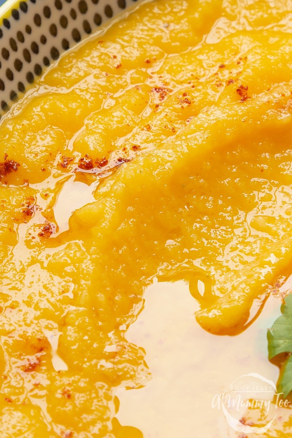 Close up of carrot and parsnip soup in a black and white decorative bowl.