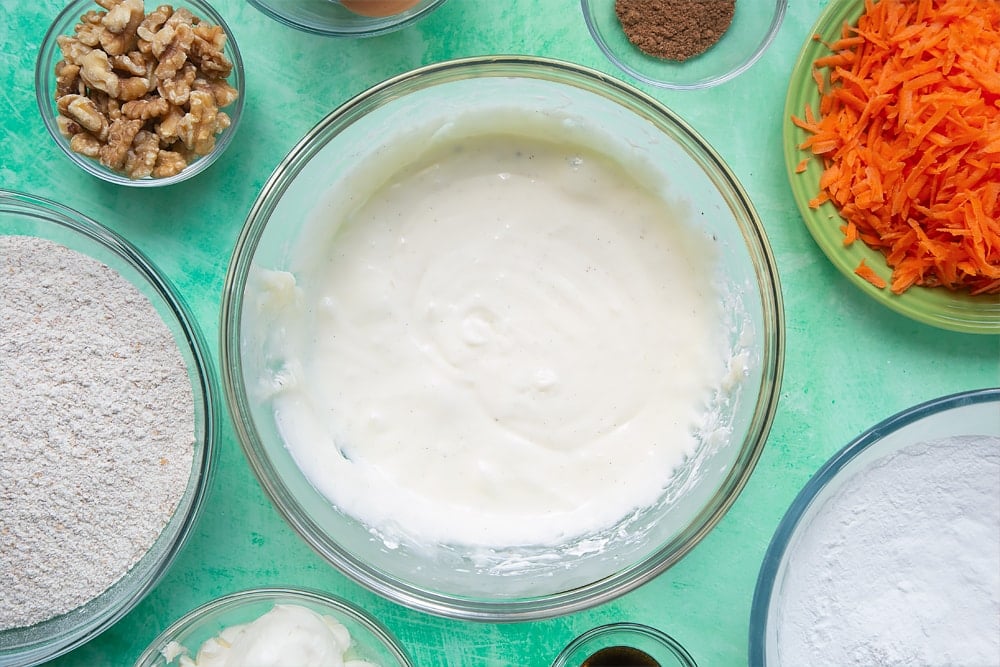 What the mixing bowl should look like once you've beaten together the ingredients for the carrot cake tray bake frosting. 