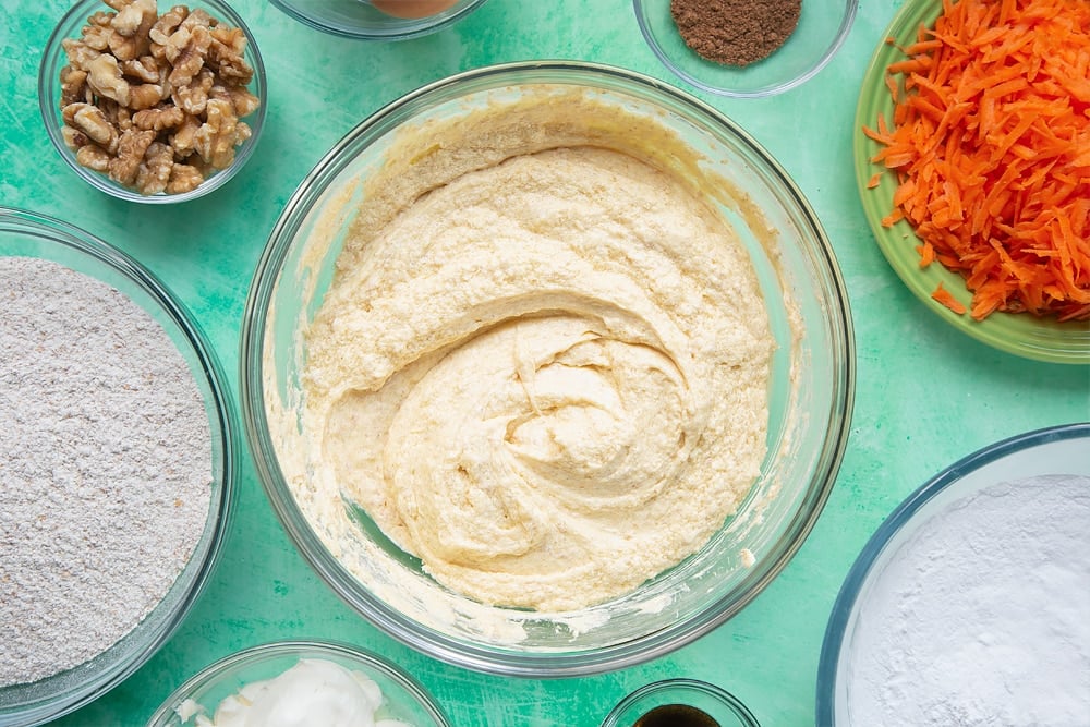 The smooth carrot cake tray bake mixture once the eggs have been added and mixed.