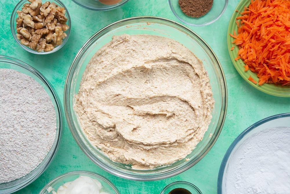 What the carrot cake tray bake mixture will look like in the serving bowl once the flour has been mixed in. 