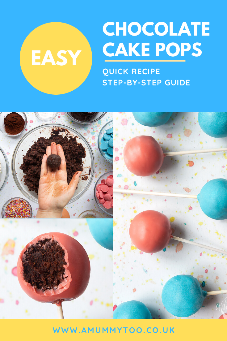 Three process images demonstrating how to create the chocolate cake pops. At the top of the image there's some text describing the image for Pinterest.