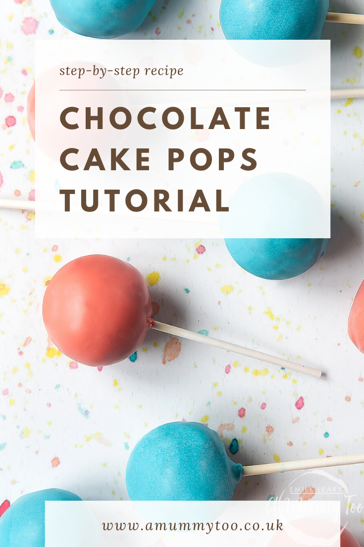 Overhead shot of some cake pops on a coloured background. At the top of the image there's some text describing the image for Pinterest. 