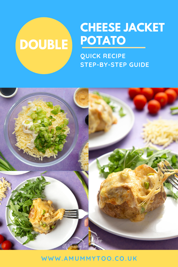 Collage of images of cheese and onion jacket potato served on a white plate with rocket. Caption reads: double cheese jacket potato quick recipe step-by-step recipe