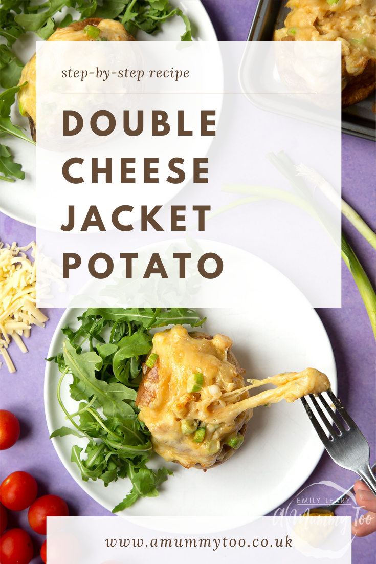 A cheese and onion jacket potato served on a white plate with rocket. Caption reads: step-by-step recipe double cheese jacket potato