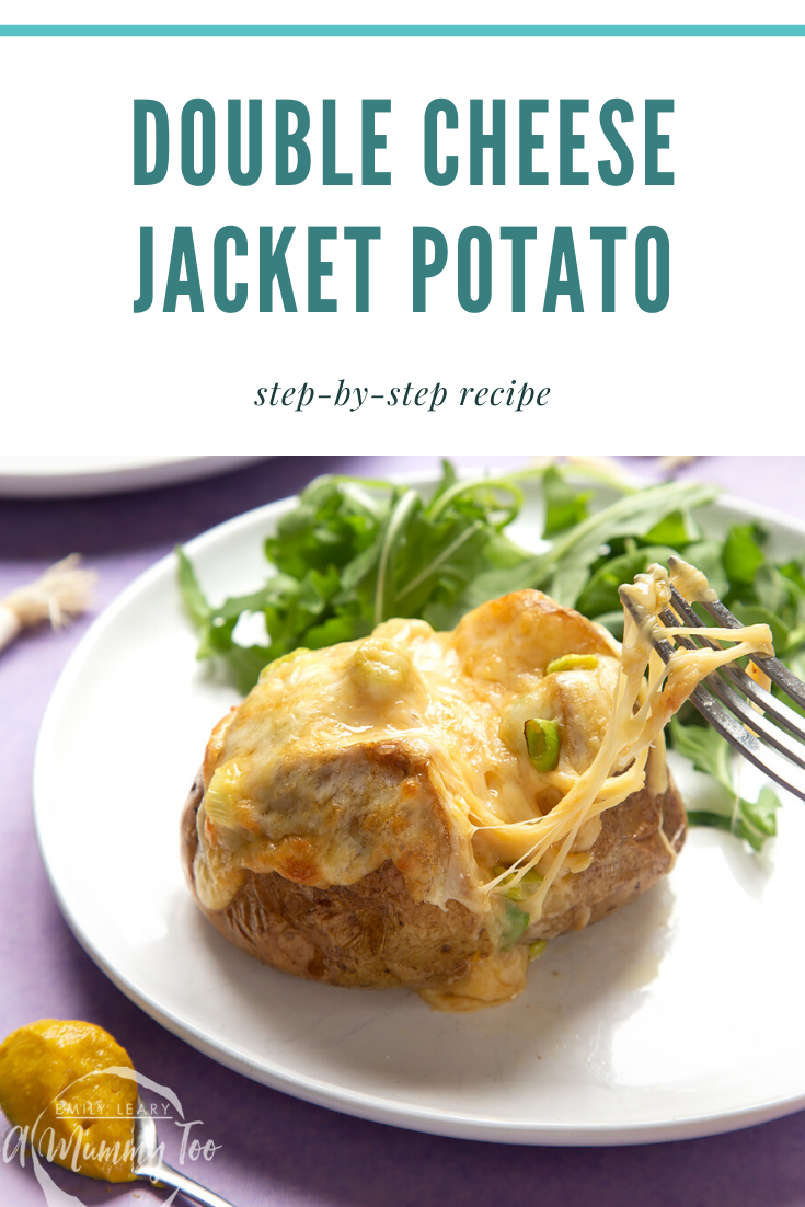 A cheese and onion jacket potato served on a white plate with rocket. Caption reads: double cheese jacket potato step-by-step recipe