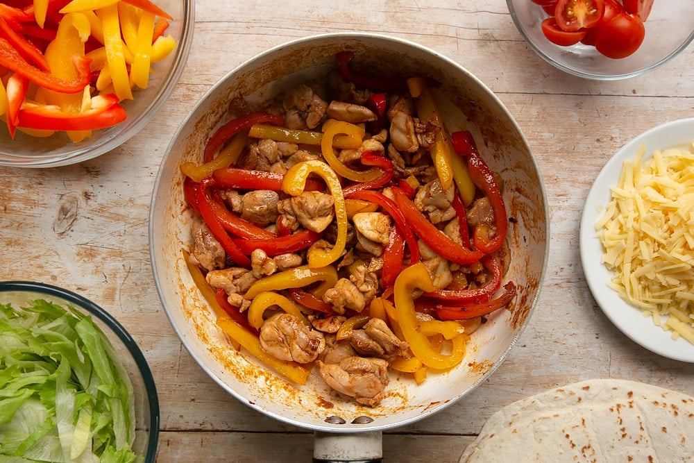 The remaining ingredients for the Mild chicken fajitas for kids once fried 