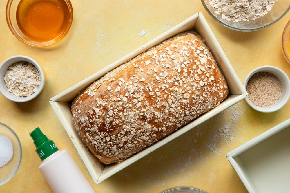 Overhead shot of dough in a loaf tin