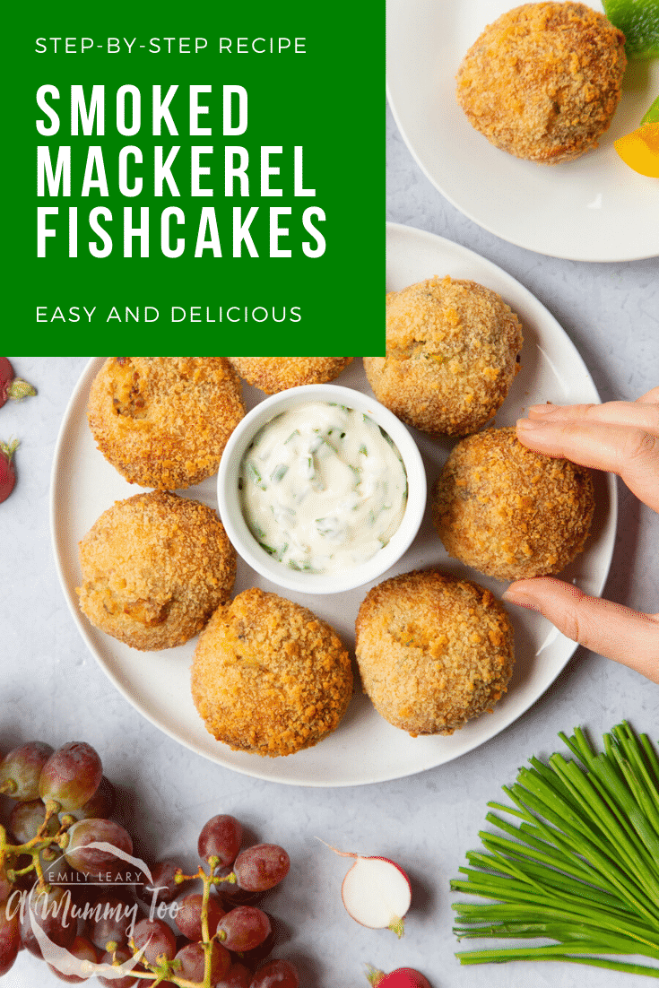 A hand picking up one of the fishcakes off a white plate. At the side of the image there's a green box with some white background describing the image for Pinterest.