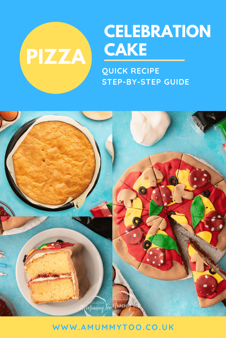 A collage of images showing the baking and serving of a pizza cake. Caption reads: pizza celebration cake quick recipe step-by-step guide