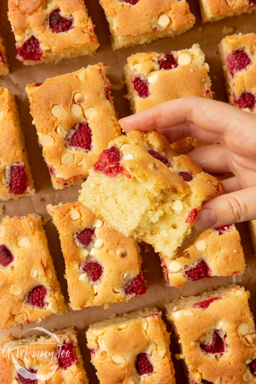 Servings of the raspberry and white chocolate traybake