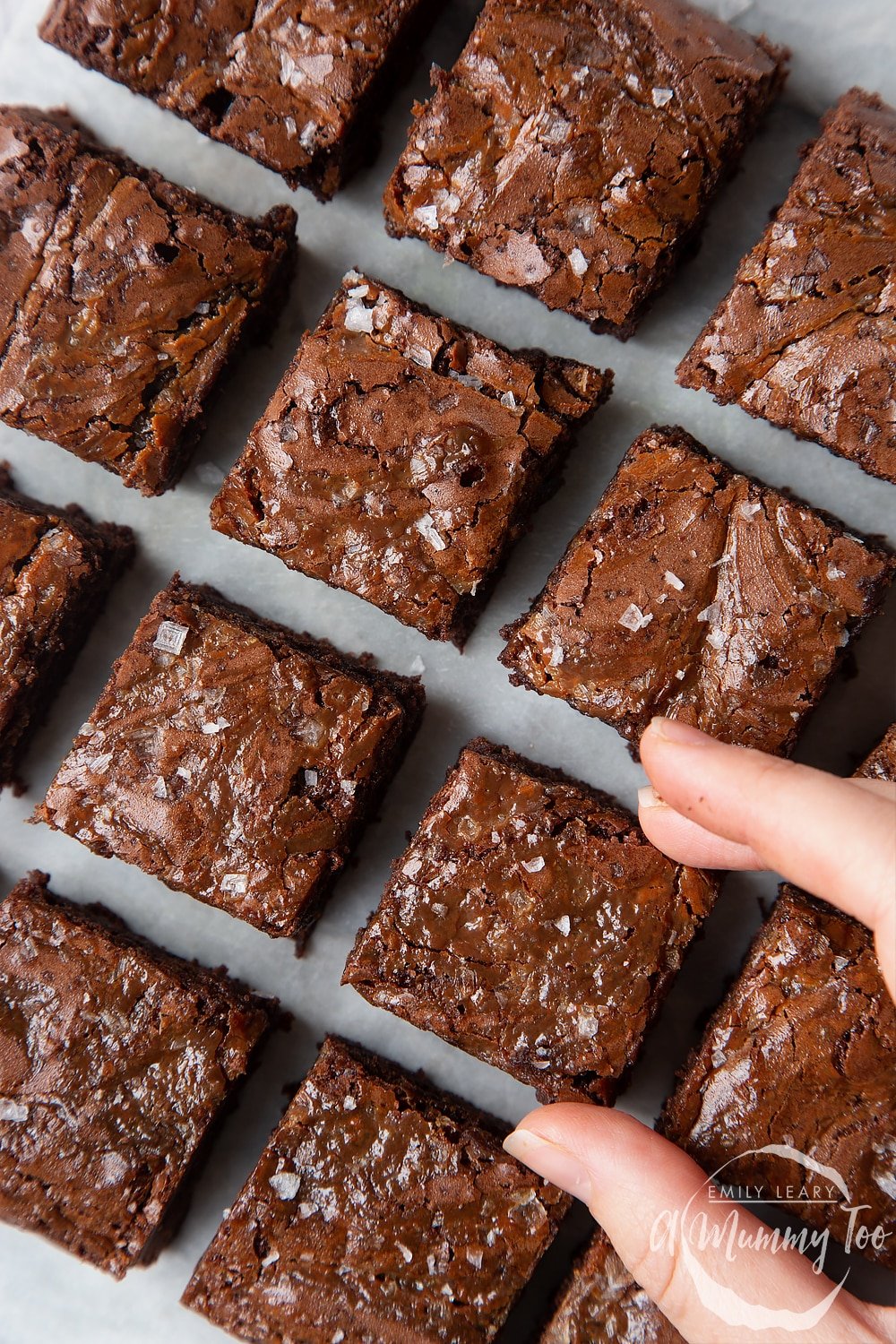 A close up of the gooey salted caramel brownies slices. 