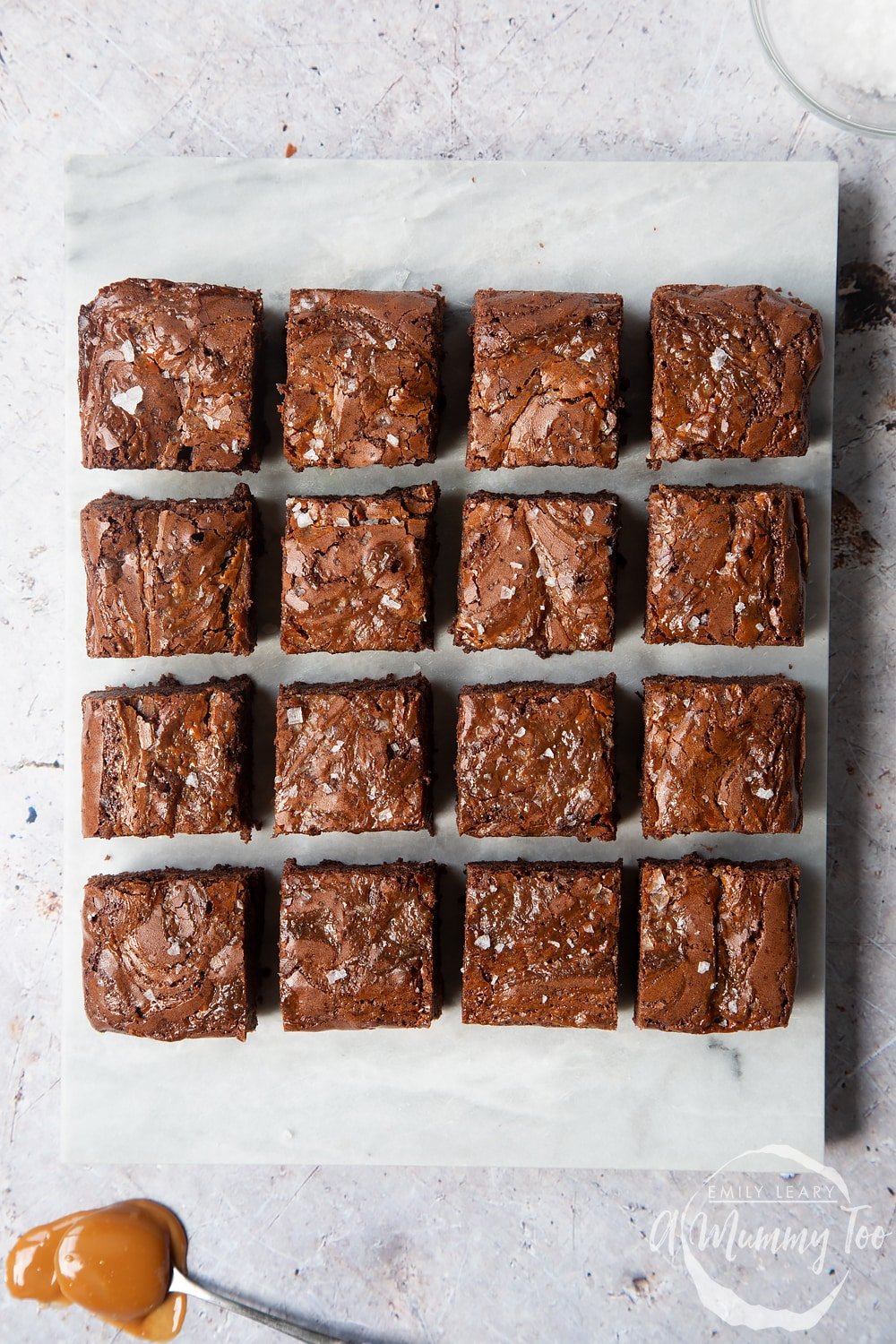 Finished slices of gooey salted caramel brownies ready to be served. 