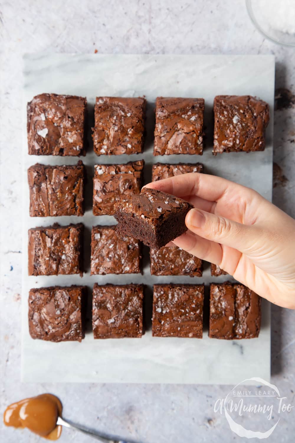 A serving of gooey salted caramel brownies
