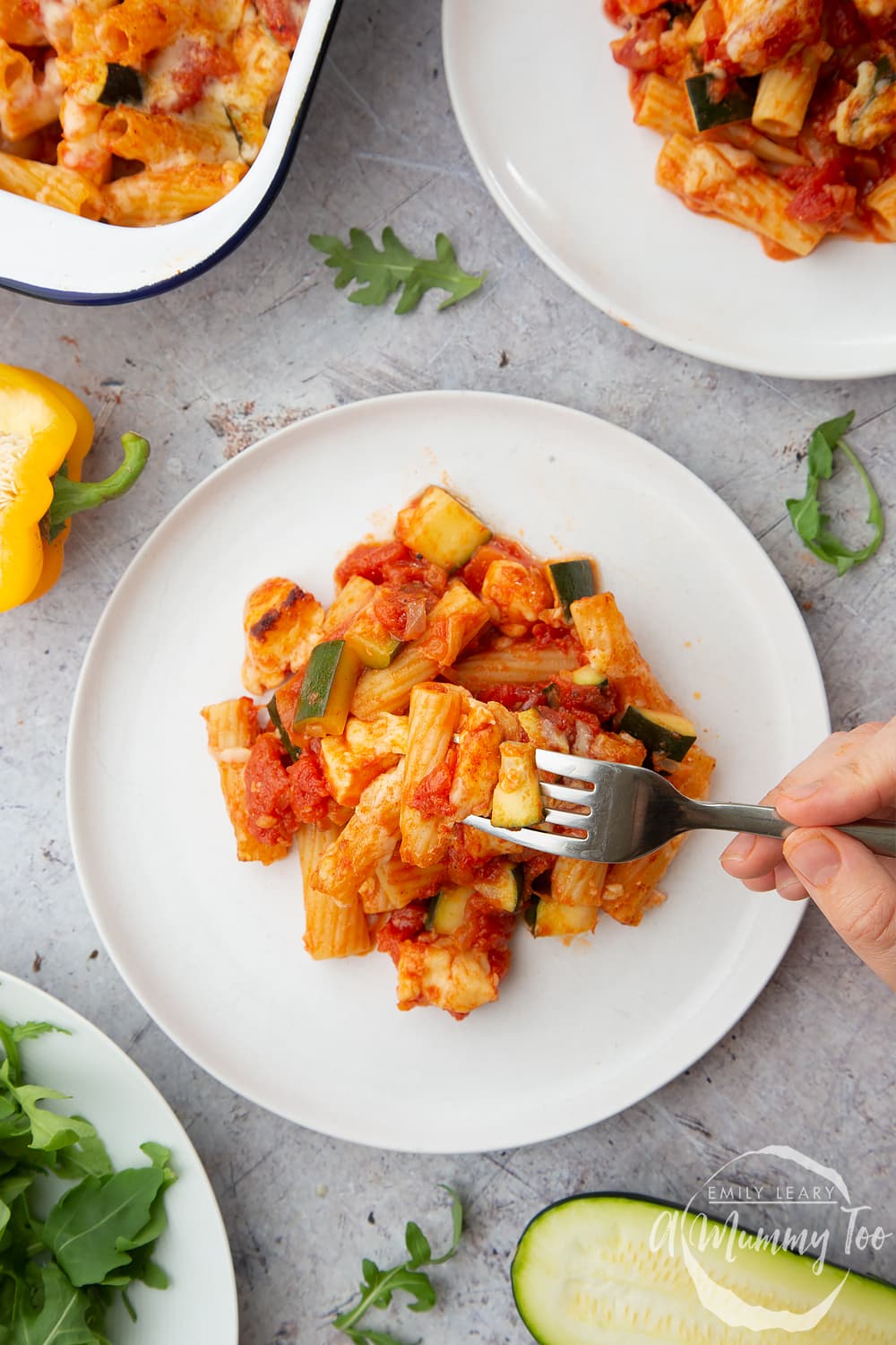 Overhead shot of the halloumi pasta bake being served on a plate. 