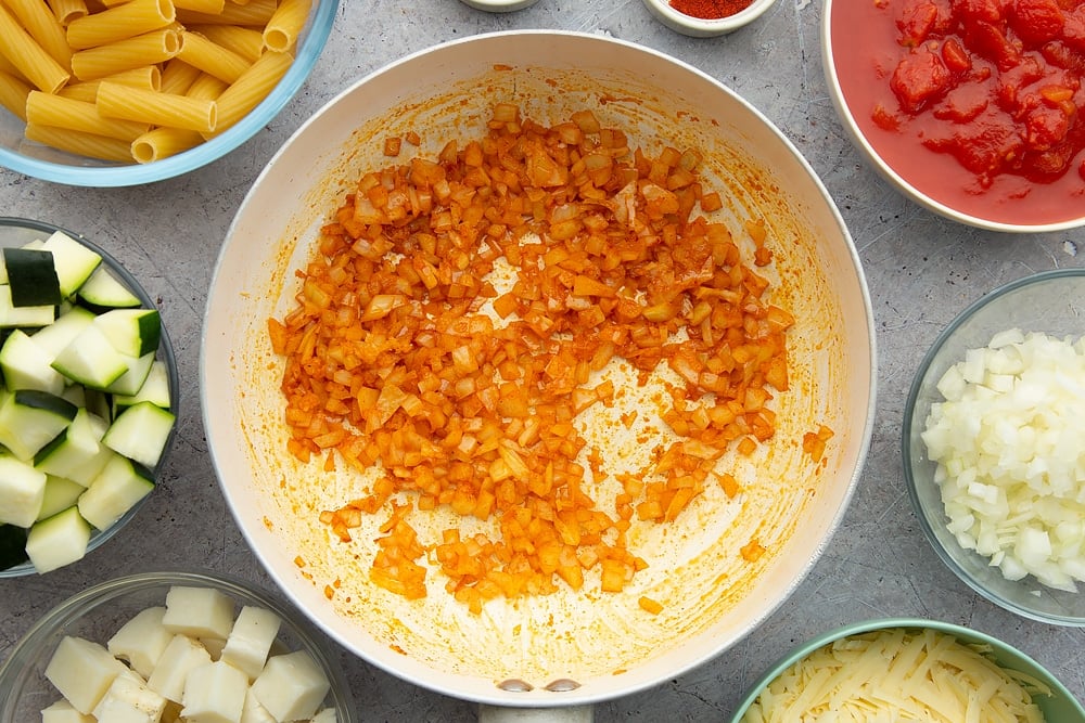 The halloumi pasta bake ingredients having been fried for one minute.