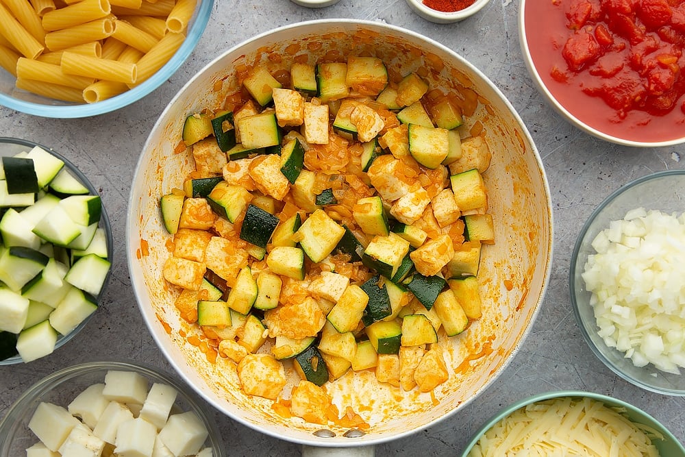 The additional ingredients in the pan to create halloumi pasta bake having been fried for a further 3 - 5 minutes. 