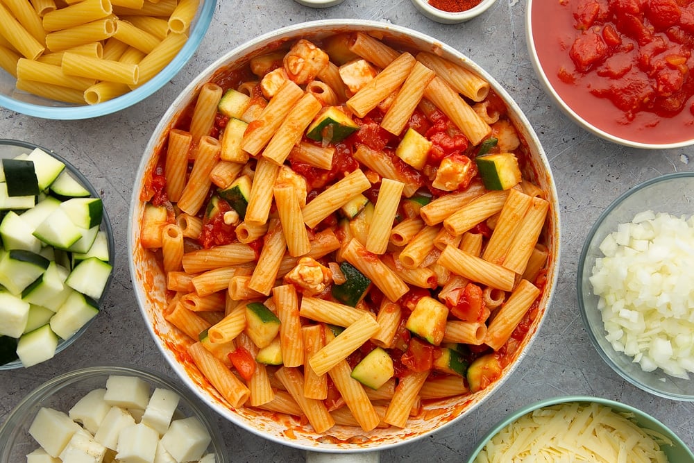 The completed pan of halloumi pasta bake