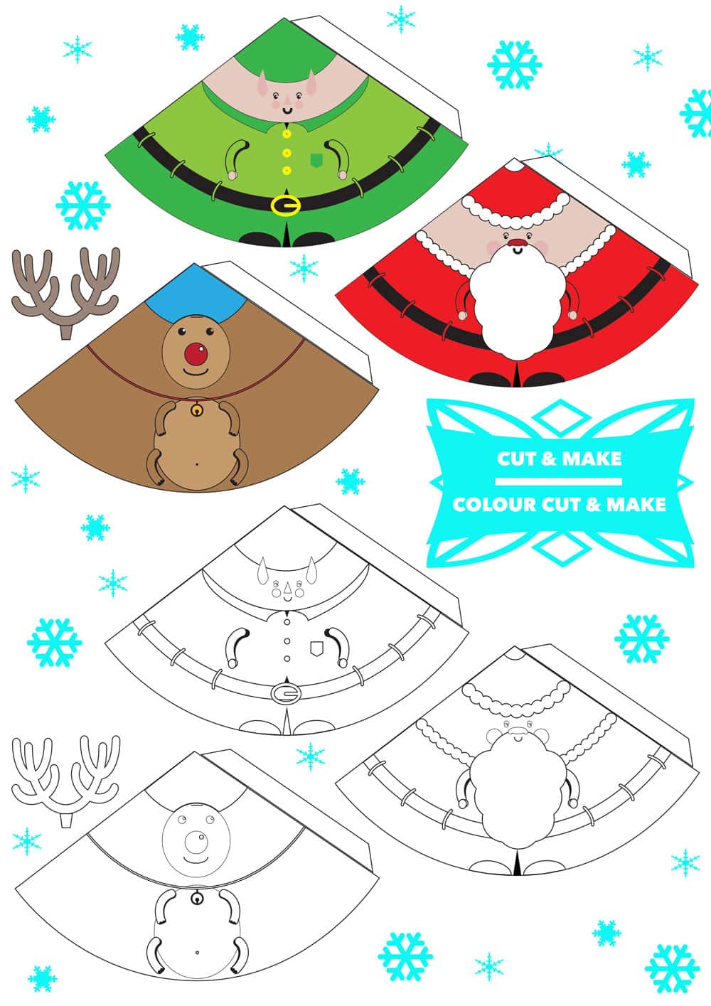 full sheet of colour and black and white printable 3D Christmas decorations