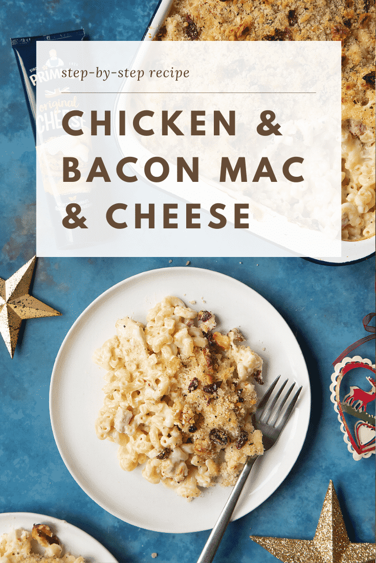 A portion of chicken and bacon mac and cheese served on a small white plate with a fork. A tray containing more of the pasta is shown to one side. Caption reads: step-by-step recipe chicken & bacon mac & cheese