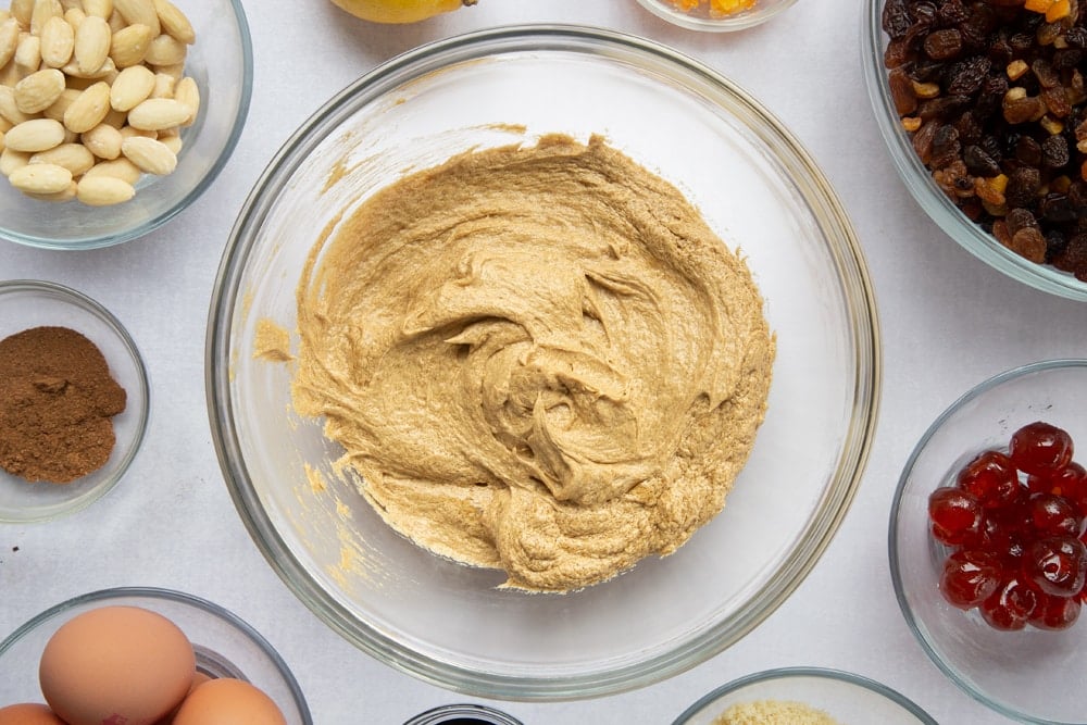 brown sugar, butter and treacle mix creamed together in a large clear bowl.