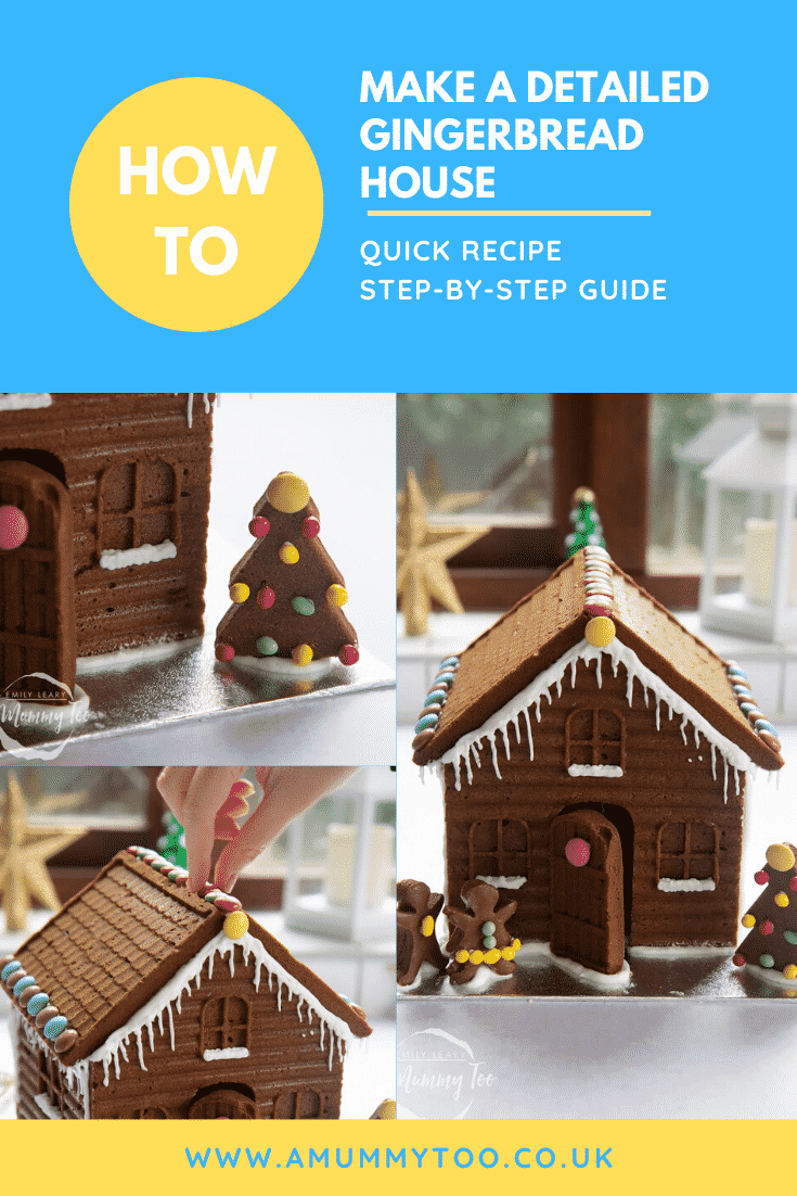 graphic text HOW TO MAKE A DETAILED GINGERBREAD HOUSE QUICK RECIPE STEP-BY-STEP GUIDE above collage of three photos of super-detailed gingerbread house  with website URL below