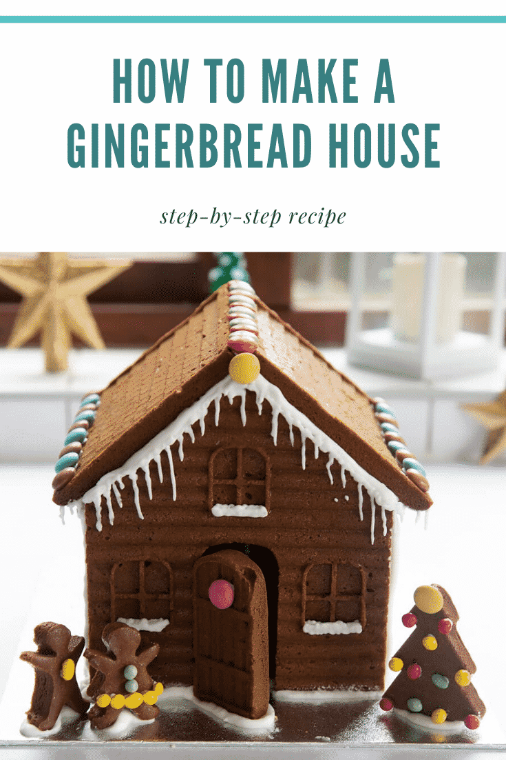 graphic text STEP-BY-STEP GUIDE DETAILED GINGERBREAD HOUSE EASY AND DELICIOUS above side angle shot of super-detailed gingerbread house