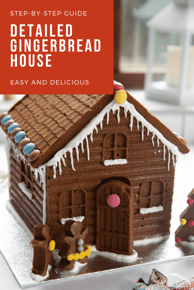 graphic text STEP-BY-STEP GUIDE DETAILED GINGERBREAD HOUSE EASY AND DELICIOUS above side angle shot of super-detailed gingerbread house 