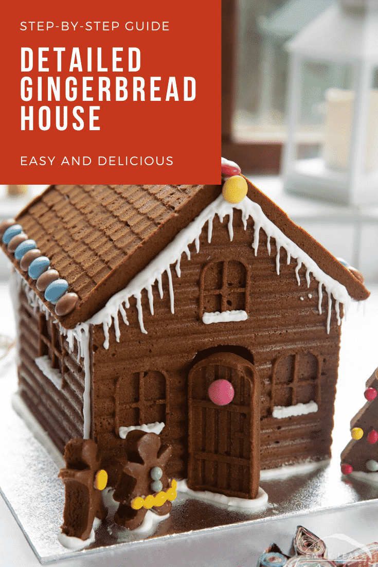graphic text STEP-BY-STEP GUIDE DETAILED GINGERBREAD HOUSE EASY AND DELICIOUS above side angle shot of super-detailed gingerbread house