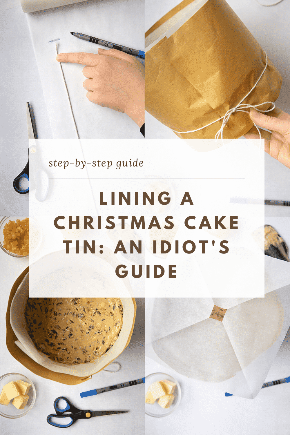 A series of images of tins, brown paper and string illustrate an idiot's guide to lining a Christmas cake tin.