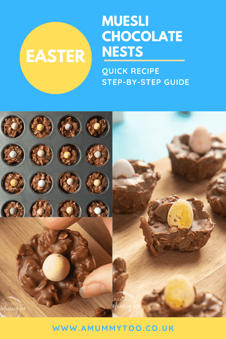 graphic text STEP-BY-STEP RECIPE EASTER CHOCOLATE MUESLI NESTS EASY AND DELICIOUS above a hand holding a muesli chocolate Easter nests with a mummy too logo in the lower-left corner