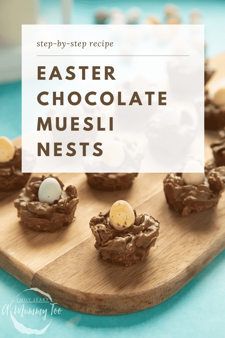 graphic text EASTER CHOCOLATE MUESLI NESTS above Front angle shot of a hand holding a fruity muesli nest