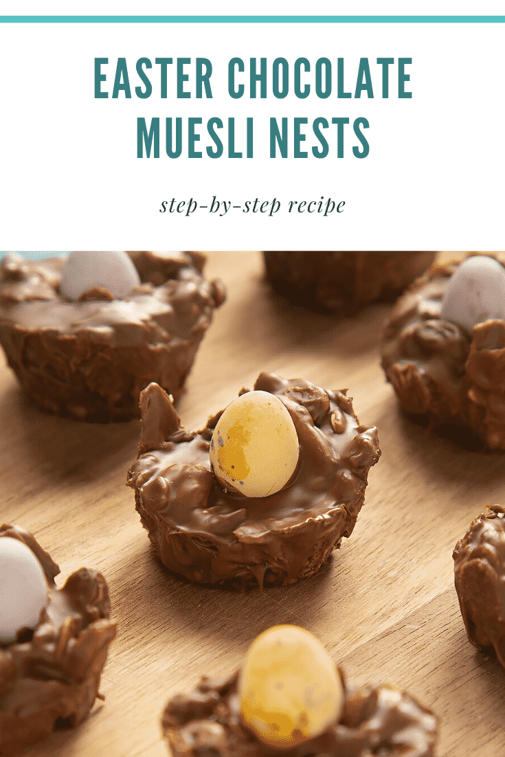  graphic text step-by-step recipe EASTER CHOCOLATE MUESLI NESTS above Front angle shot of fruity muesli chocolate nests with a mummy too logo in the lower-left corner