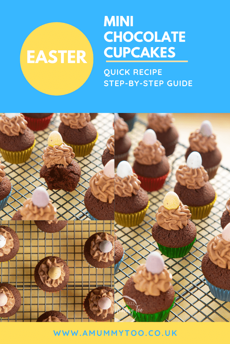 Graphic text with EASTER MINI CHOCOLATE CUPCAKES QUICK RECIPE STEP-BY-STEP GUIDE above a collage of chocolate muffins above website URL