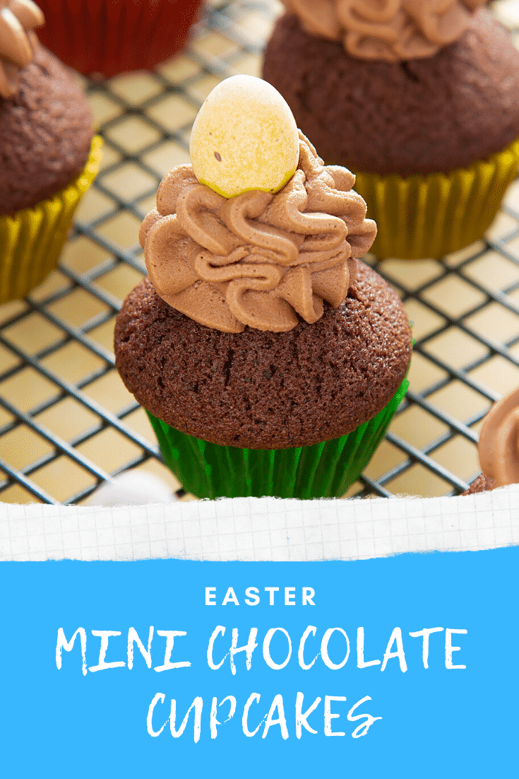 front angle shot of a mini chocolate muffin easter topped with chocolate frosting and mini chocolate egg served on a baking rack with Graphic text EASTER MINI CHOCOLATE CUPCAKES below 