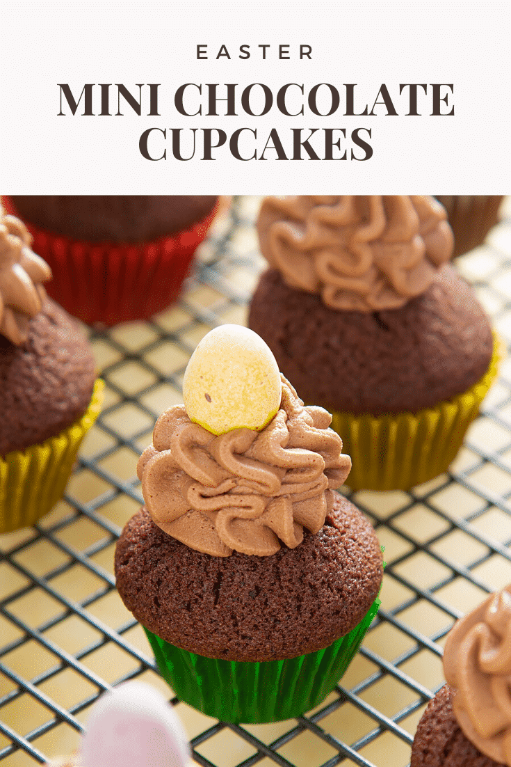 Graphic text EASTER MINI CHOCOLATE CUPCAKES above front angle shot of a chocolate muffin topped with chocolate frosting and mini chocolate egg served on a baking rack