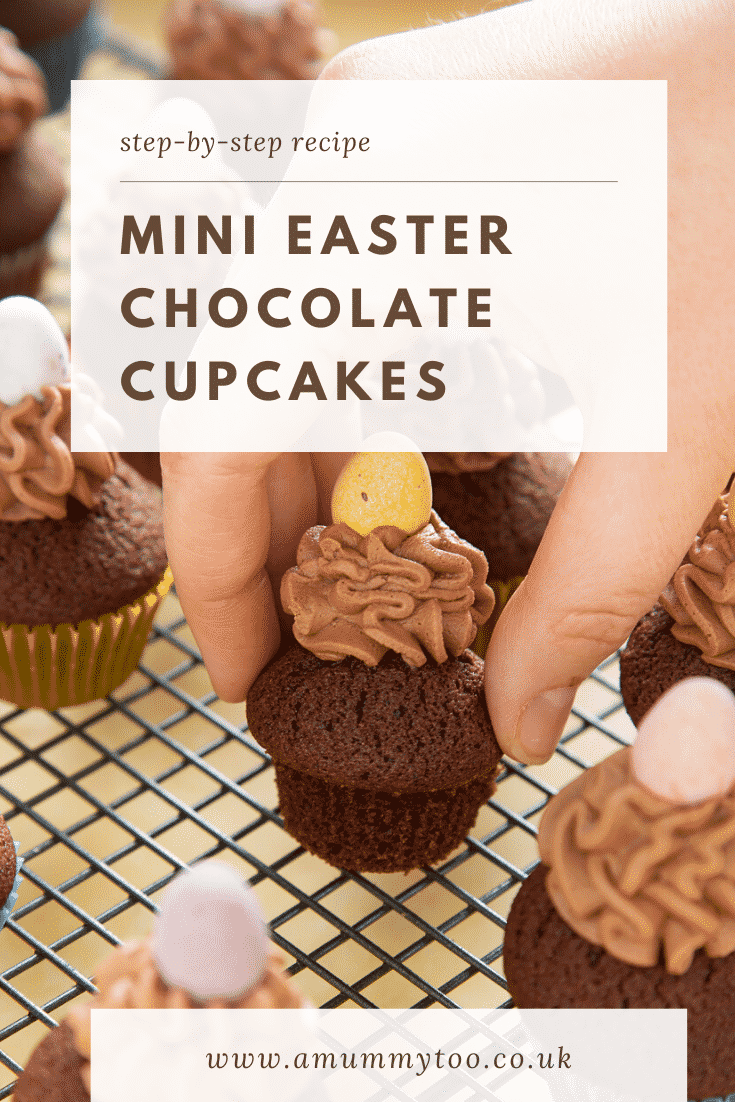 Graphic text with step-by-step recipe RECIPE MINI EASTER CHOCOLATE CUPCAKES EASY AND DELICIOUS above front angle shot of a chocolate muffin topped on a baking rack with a mummy too logo in the lower-left corner with website URL below
