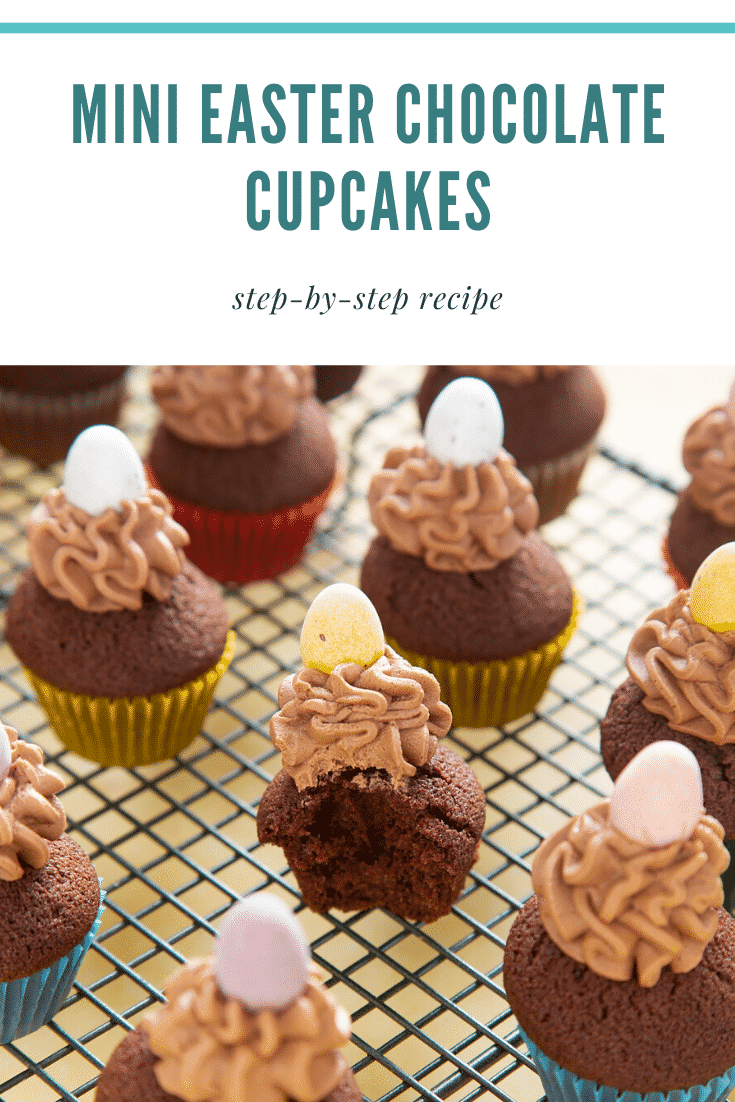 Graphic text with MINI EASTER CHOCOLATE CUPCAKES step-by-step recipe above front angle shot of a half-eaten chocolate muffin on a baking rack with a mummy too logo in the lower-left corner