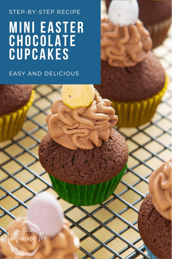 Graphic text with STEP-BYSTEP RECIPE MINI EASTER CHOCOLATE CUPCAKES EASY AND DELICIOUS above front angle shot of a chocolate muffin topped on a baking rack with a mummy too logo in the lower-left corner
