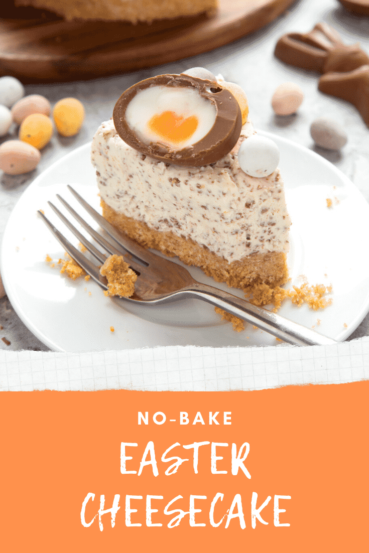 No-bake Easter cheesecake. The cheesecake is decorated with Easter chocolate and served on a white plate. The caption reads: No bake Easter cheesecake. 