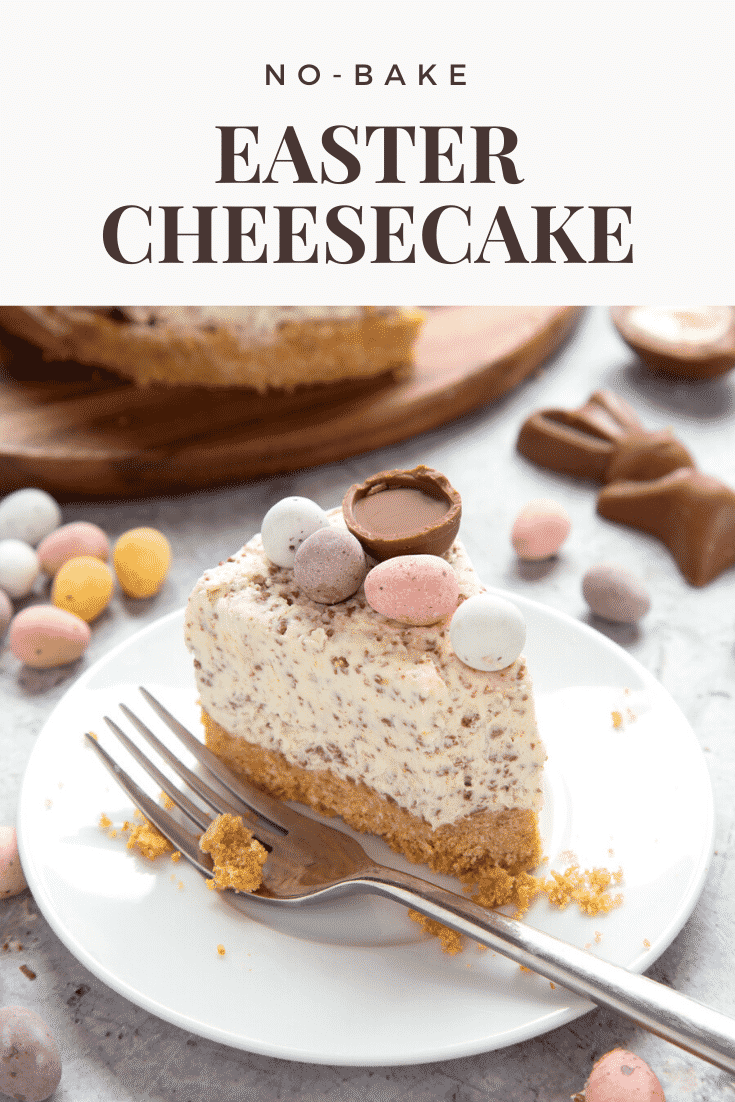 No-bake Easter cheesecake. The cheesecake is decorated with Easter chocolate and served on a white plate, with a fork to the side. The caption reads: No bake Easter cheesecake. 
